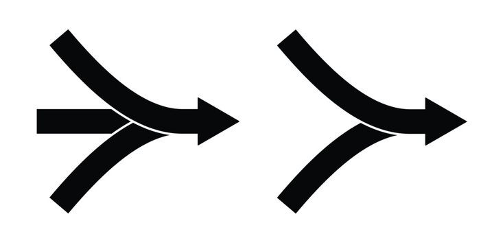 Two and three arrows merging silhouette icon. Clipart image isolated on white background.