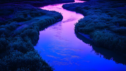 Ethereal Aquatic Awe: Serene Turquoise River at Dusk with Bioluminescent Vibes