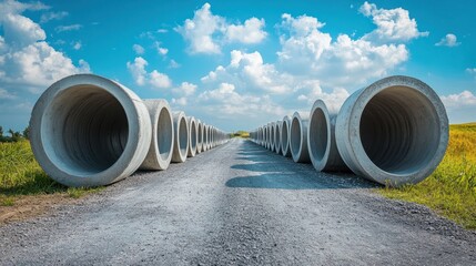 A scenic perspective of concrete pipes stacked on a rural road under a bright blue sky, perfect for construction themes