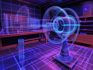Holographic design of futuristic fan in digital workspace