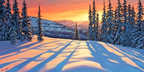 Snow-covered hills at sunset with tall pine trees casting long shadows over the white landscape