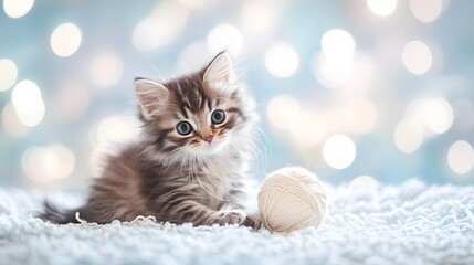 kitten playing with a ball of yarn with bright  bokeh background