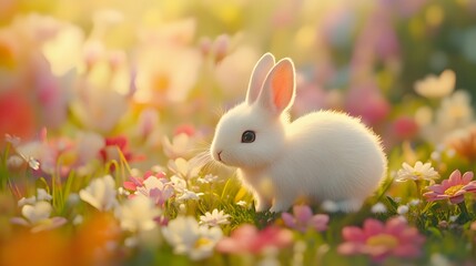 baby bunny with flowers soft bokeh background