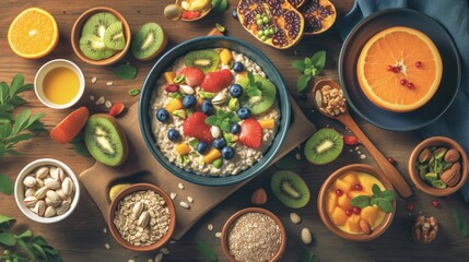 A bowl of oatmeal topped with fresh fruit, nuts, and mint.