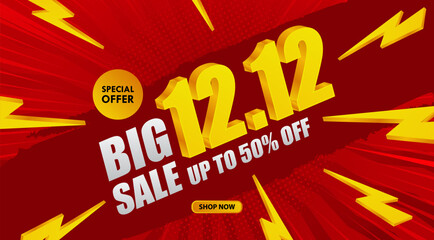 12.12 Shopping Day Flash Sale Banner Template. Year end sale. 12 December sales. Shopping holiday, sales, discounts, promotion, ads, banner