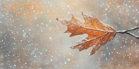 Frost-covered oak leaf hanging on a branch with a soft snowy background, highlighting winter’s simplicity