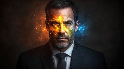Fototapeta premium Mature businessman surrounded by vibrant energy and glowing neural patterns. AI-generated