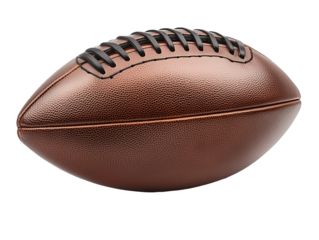 A detailed view of a classic brown leather rugby ball resting on a flat surface in a sports setting ready for play