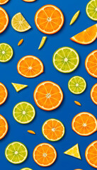 Obraz premium Citrus Fruit pattern on blue background. Orange, Lime, Lemon slices background. Flat lay, top view. Banner, seamless pattern, creative summer food concept.. Pop art design, creative summer concept,