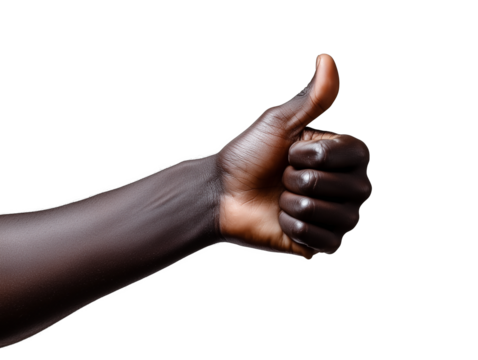 A close-up of a hand giving a thumbs up against a plain transparent background during a positive moment of approval or encouragement