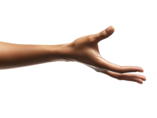 A person reaches out with an open hand in a gesture of invitation and connection against a plain transparent background