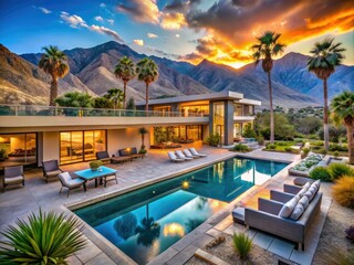 Fototapeta premium Stunning Panoramic View of a Luxury Palm Springs Vacation Home Surrounded by Desert Landscape, Featuring Pool, Lush Palm Trees, Modern Architecture, and Scenic Mountain Backdrop