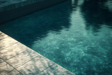 Serene Aquatic Awe: Tranquil Turquoise Waters Reflecting Light in a Modern Poolside Setting
