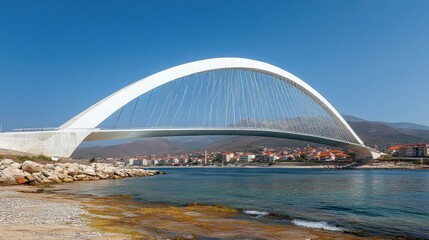 Fototapeta premium Modern arch bridge over a serene waterway.