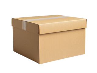Simple brown cardboard box placed on a transparent surface in a well-lit indoor setting, ready for storage or shipping
