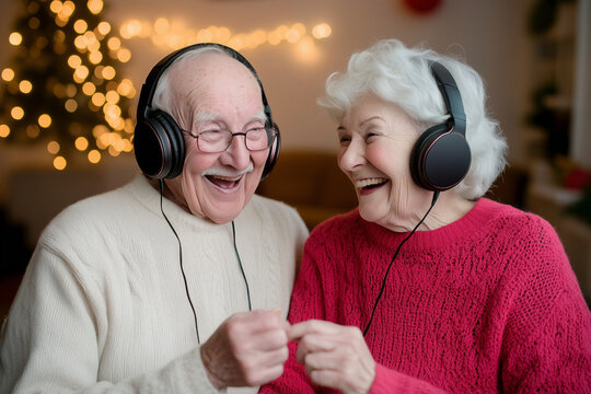 Elderly couple laughing and listening to music together with headphones, connection and shared happiness in old age.