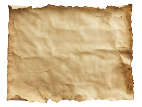 Old crumpled parchment paper with rustic texture and torn edges on a transparent background showcasing an aged appearance and historical feel