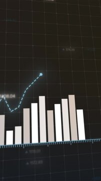 Dynamic digital animation financial growth trends, increasing profits and decreasing losses, sleek white bars rising against dark background, motion graphs and arrows depicting positive trajectories.