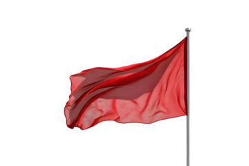 Vivid red flag fluttering gracefully in the wind, isolated on a transparent or white background.