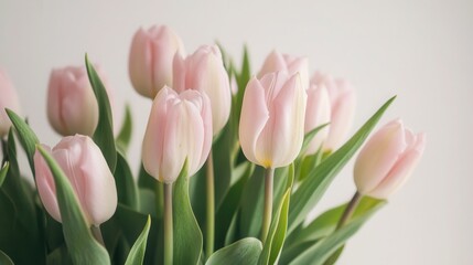 Fototapeta premium Elegant bouquet of pale pink tulips in a minimalist setting with soft tones and natural light mockup, mock up, template, empty, for text, place, copyspace, copy space