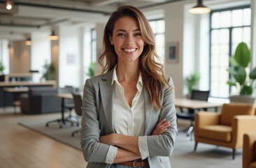 Professional woman smiling confidently in a stylish office setting during morning hours