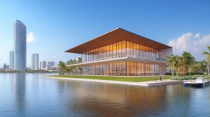 Fototapeta premium Modern architecture building with glass facade by the water with cityscape and palm trees in the background.
