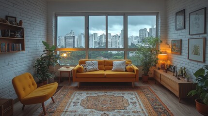 Cozy living room with yellow couch, city view, and plants.