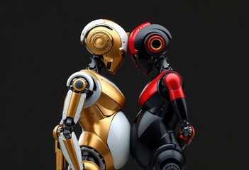 Fototapeta premium Robotic figures with golden and black features engage in a symbolic moment of connection in a futuristic setting