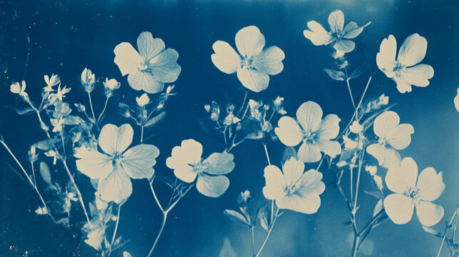 Vintage pressed cyanotype flowers background