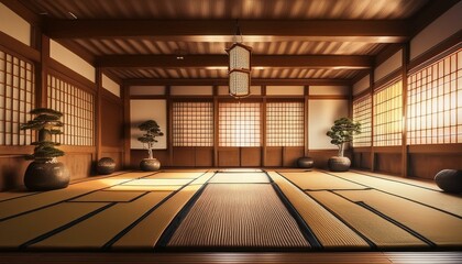 An wide and open Japanese dojo with tatami floor mats; martial art's training center; a martial art dojo with Japanese tatami and architecture; architecture and design; martial art photography; Japan