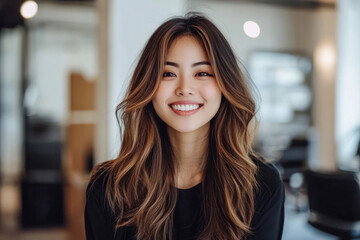 Happy Asian Woman With Coloured Balayage Hair