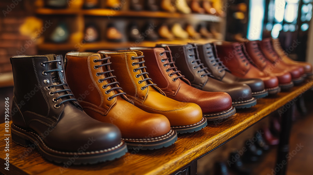 Poster a selection of sturdy work boots arranged on a wooden display in a retail setting highlights the var