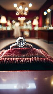 Stunning diamond ring displayed in a luxury jewelry store on a plush velvet cushion