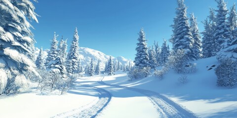 Snow-covered road winding through a serene winter landscape with towering pine trees and clear blue skies