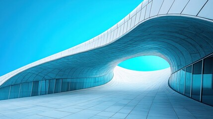 Fototapeta premium Modern architecture with curved lines and glass panels against a bright blue sky.