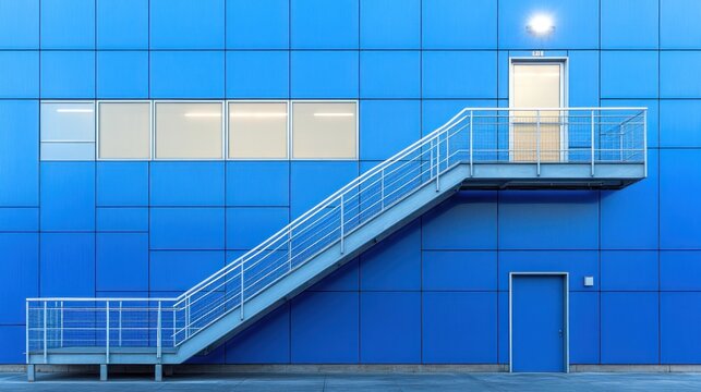 Modern blue building with metal fire escape stairs and door.