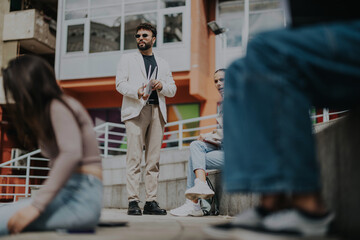 A professor assists a group of students studying together outdoors, engaging in collaboration and discussion in a bright, open space. The setting encourages learning and teamwork in an educational