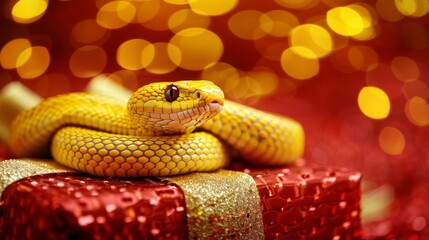 Fototapeta premium Golden Christmas Serpent, Yellow Snake On Gift Wrapped In Gold With Red Bokeh Background