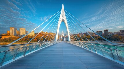 Fototapeta premium Modern bridge with city skyline in the background.