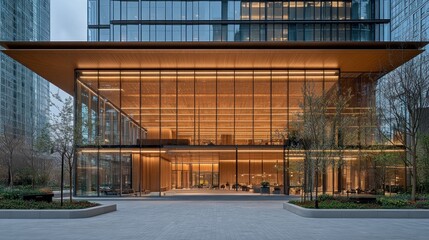 Obraz premium Modern building entrance at dusk.