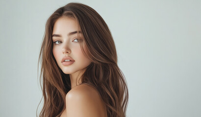 Naklejka premium Beautiful Young Woman With Long Brown Hair on White Background and Copy Space
