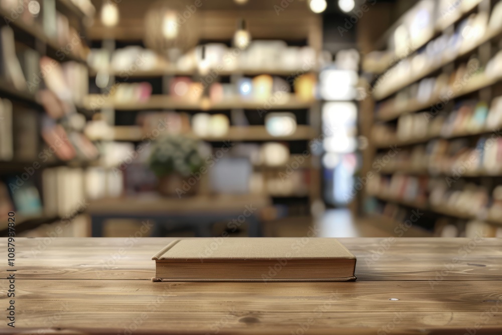 Poster a cozy library scene with an open book on a wooden table surrounded by bookshelves in a warm and inv