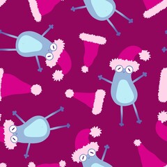 Christmas animals seamless frogs and Santa hat pattern for wrapping paper