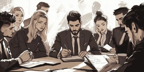 A group of young business people in suits and dresses, all focused on writing notes or working at their desks, while one man is taking an exam Generative AI