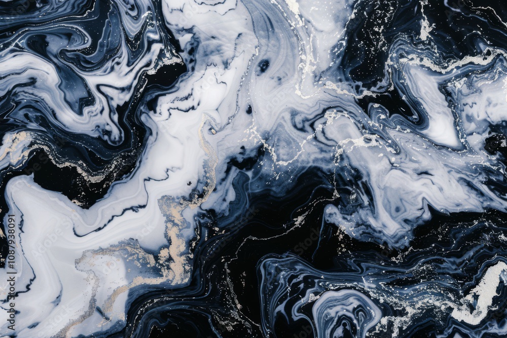 Poster abstract black and white marble texture with fluid shapes and swirling patterns featuring shadows an