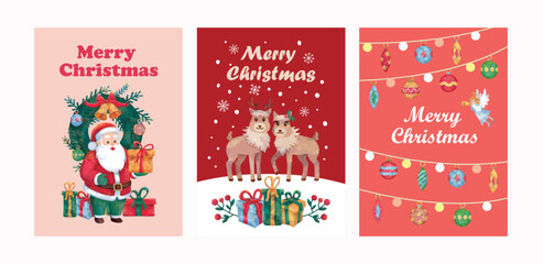 Merry Christmas greeting cards. Vector illustration with Santa Claus, gifts, reindeer, Christmas decorations, and an angel. Suitable for posters, flyers, and cards