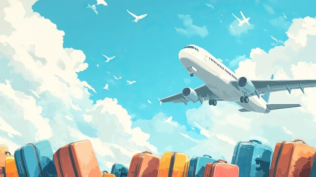 Airplane flying over colorful luggage against blue sky with clouds and birds - concept of advertising for travel agencies