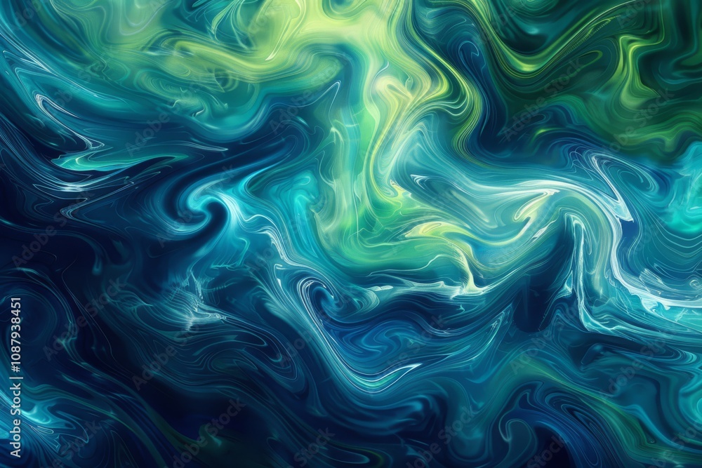 Poster abstract swirling patterns of blue and green fluid art representing depth and movement in evocative 