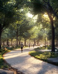 Fototapeta premium A serene park path with people jogging amidst lush greenery and warm sunlight.