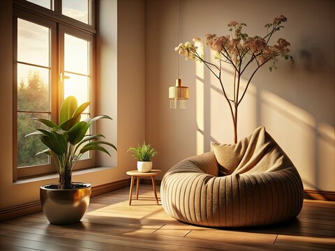 Soft Sepia Room with Bean Bag and Potted Orchid in Evening Light